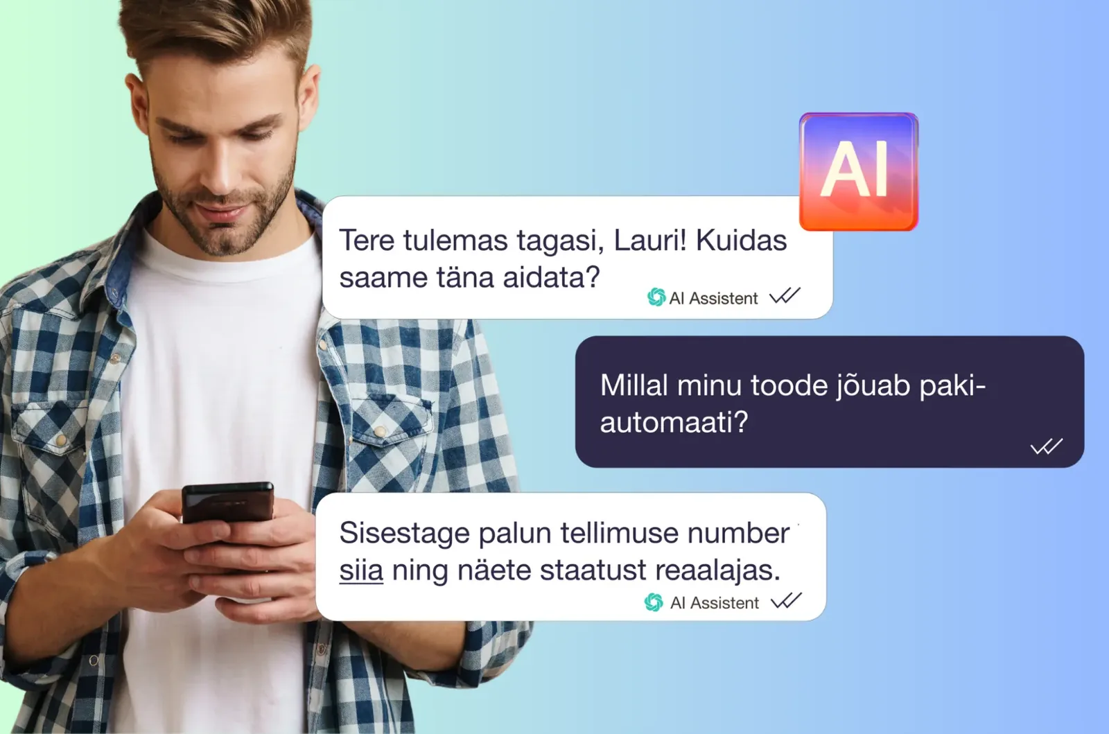 A man on his phone beside a chat in Estonian, where an AI agent greets him and offers an order tracking link
