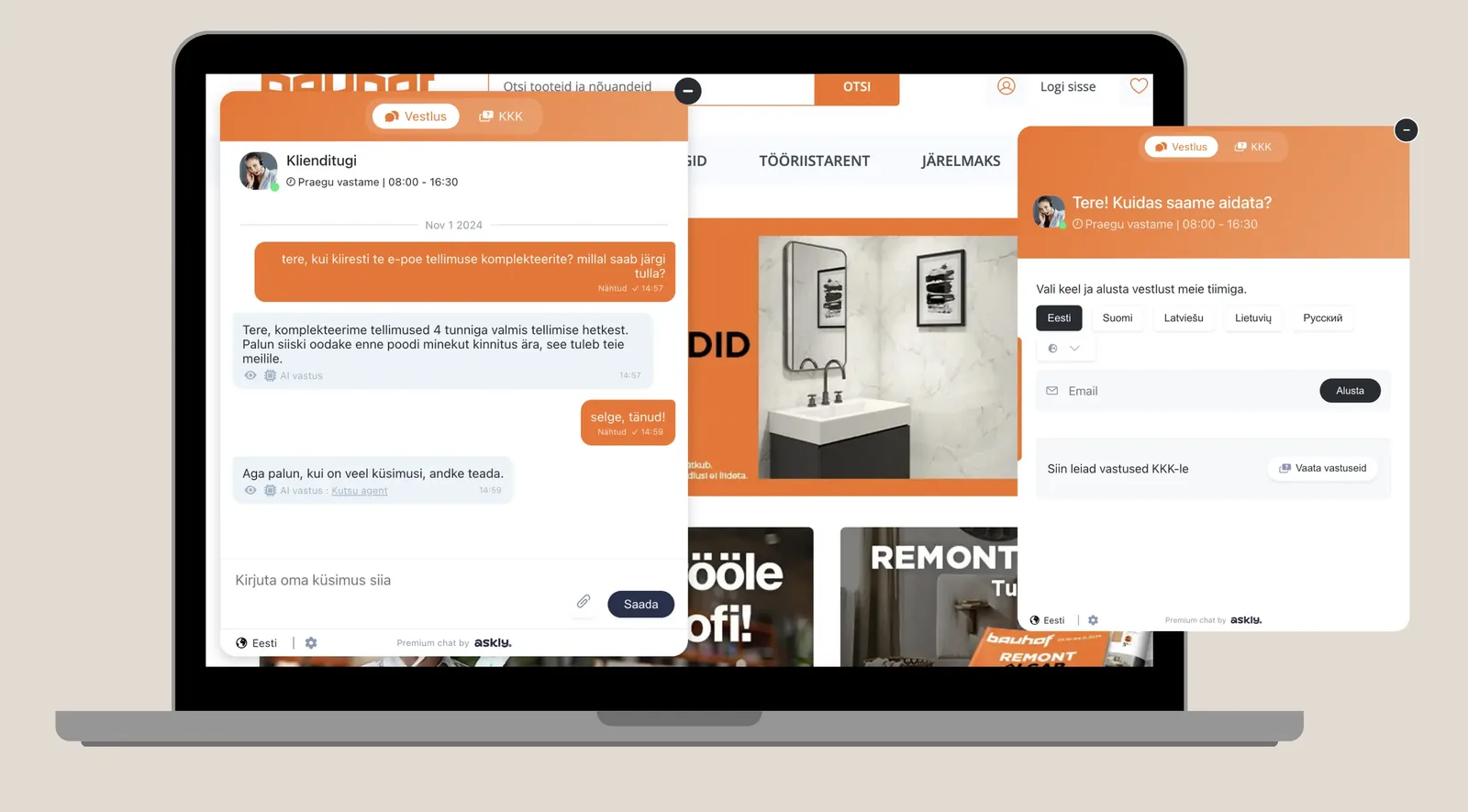 Askly chat on Bauhof’s website, where a customer asks when an online order can be picked up and gets an AI answer in Estonian
