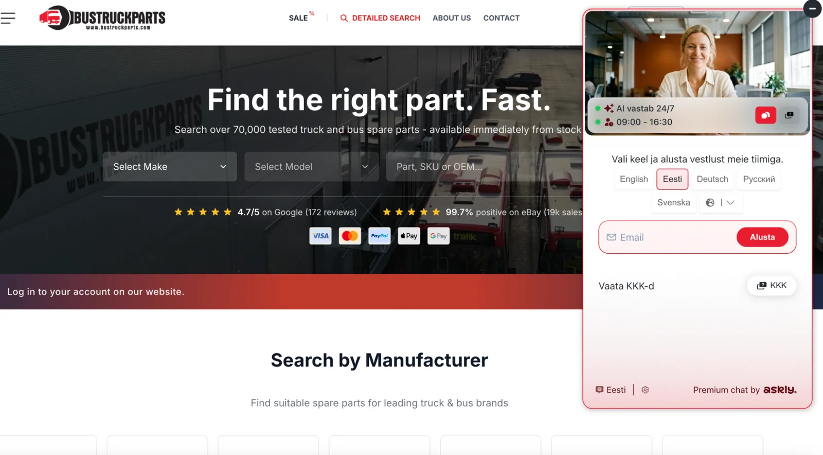 The Askly chat on BusTruckParts’ website