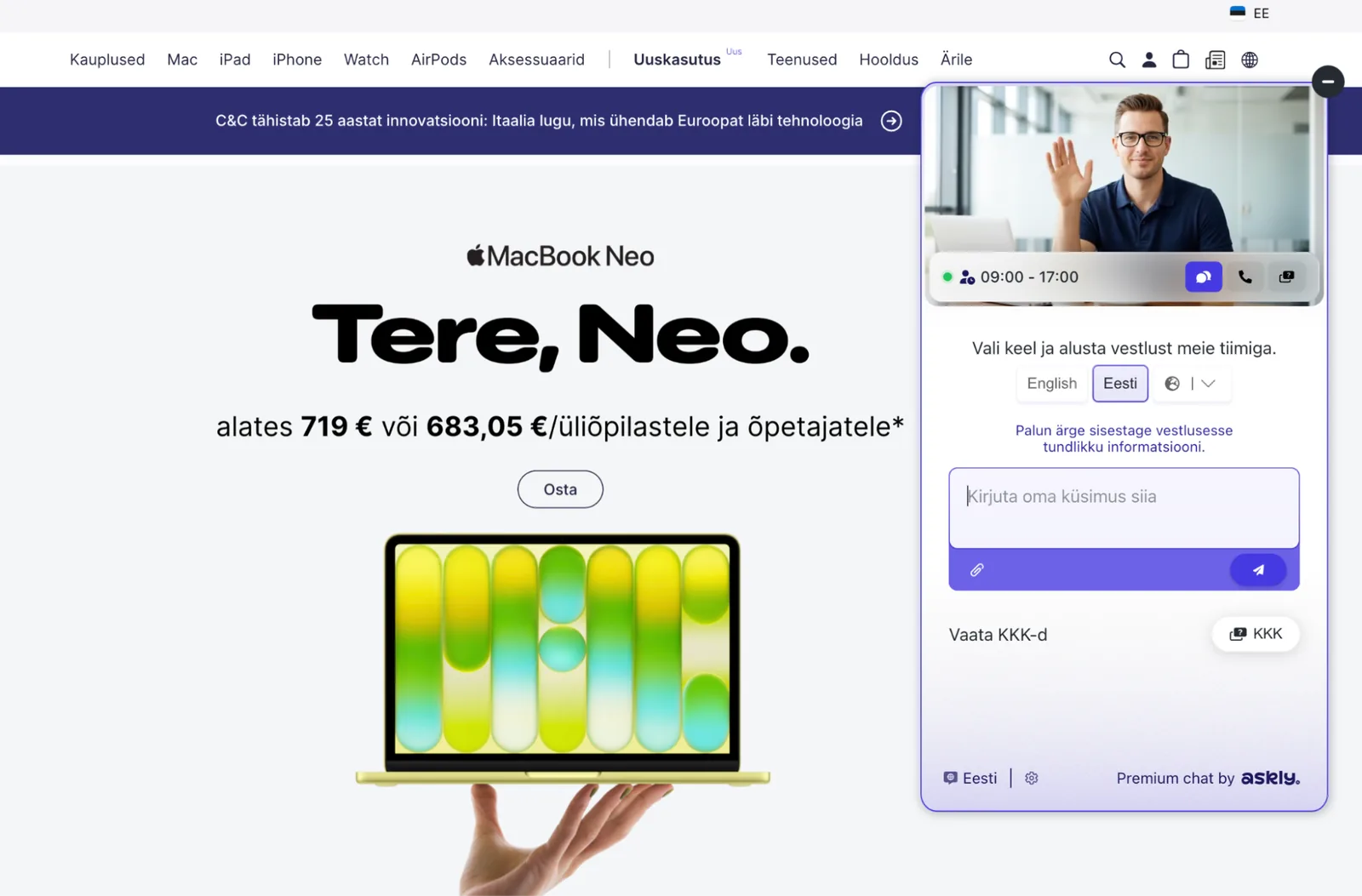 The Askly chat on C&C Estonia’s website