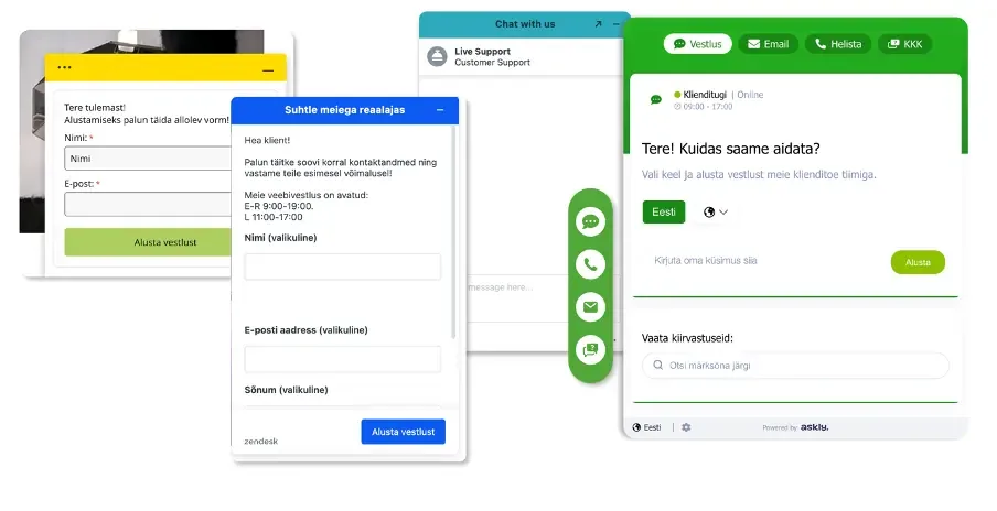 Chat widgets from Estonian websites, including a Zendesk pre-chat form and Askly’s window with chat, email, call and FAQ tabs