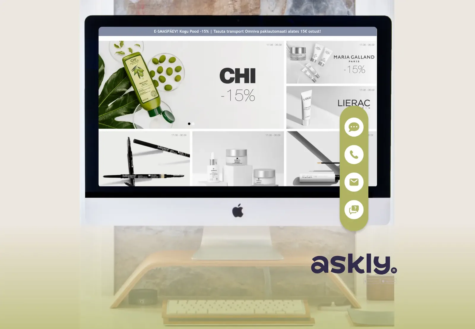 An iMac on a desk showing a beauty products online store, with Askly’s chat, call, email and FAQ buttons along the right edge