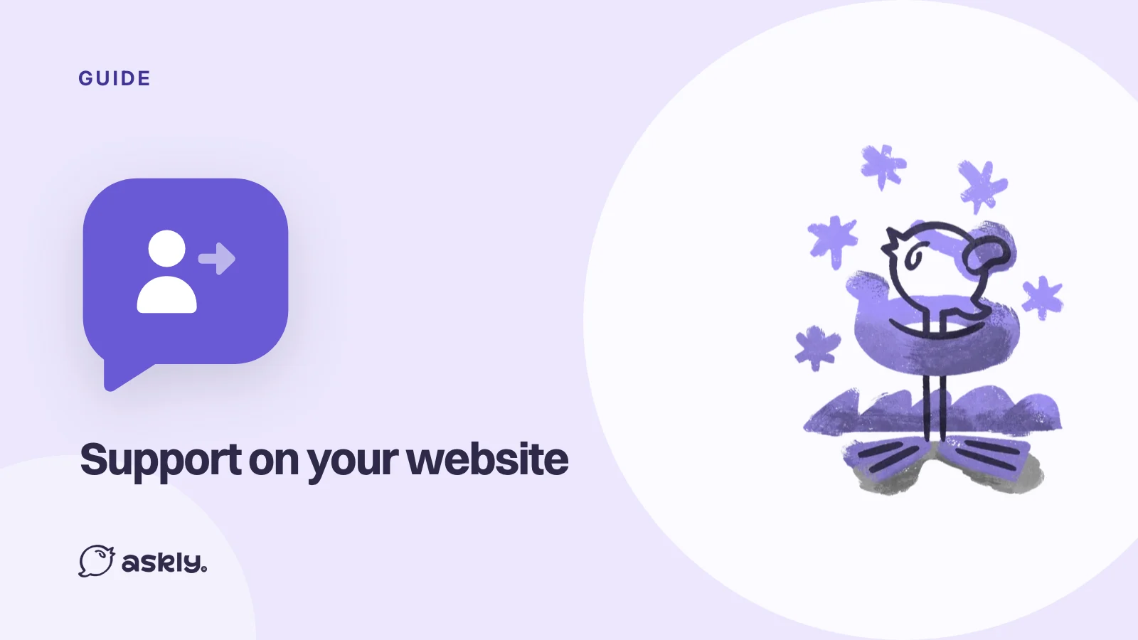 Guide: Support on your website, a handover icon in a speech bubble and the Askly bird surrounded by stars