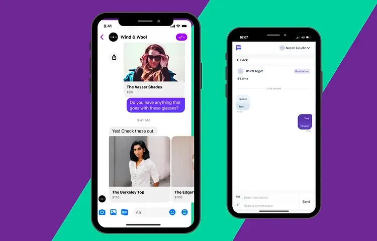 A Facebook Messenger shopping chat next to a support app that translates a chat between Russian and Estonian in real time