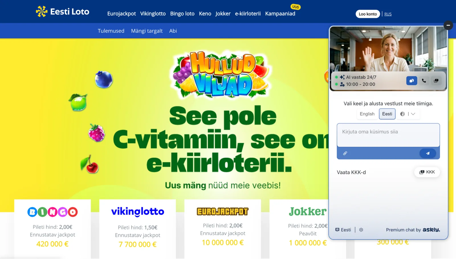 The Askly chat on Eesti Loto’s website