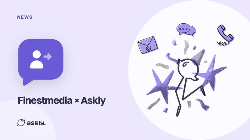 News: Finestmedia × Askly, a handover icon in a speech bubble and the Askly bird celebrating with email, chat and phone icons