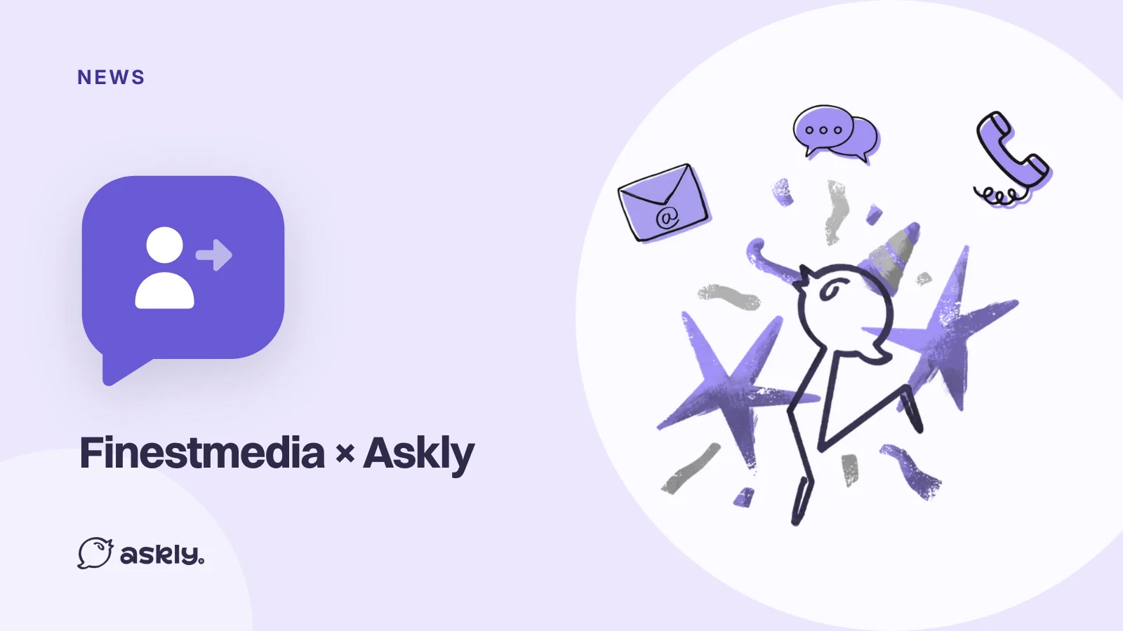 News: Finestmedia × Askly, a handover icon in a speech bubble and the Askly bird celebrating with email, chat and phone icons
