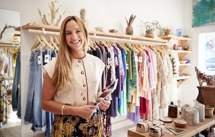 Smiling woman holding a tablet in a clothing boutique