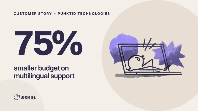 Punktid Technologies: 75% smaller budget on multilingual support, with the Askly bird jumping out of a laptop