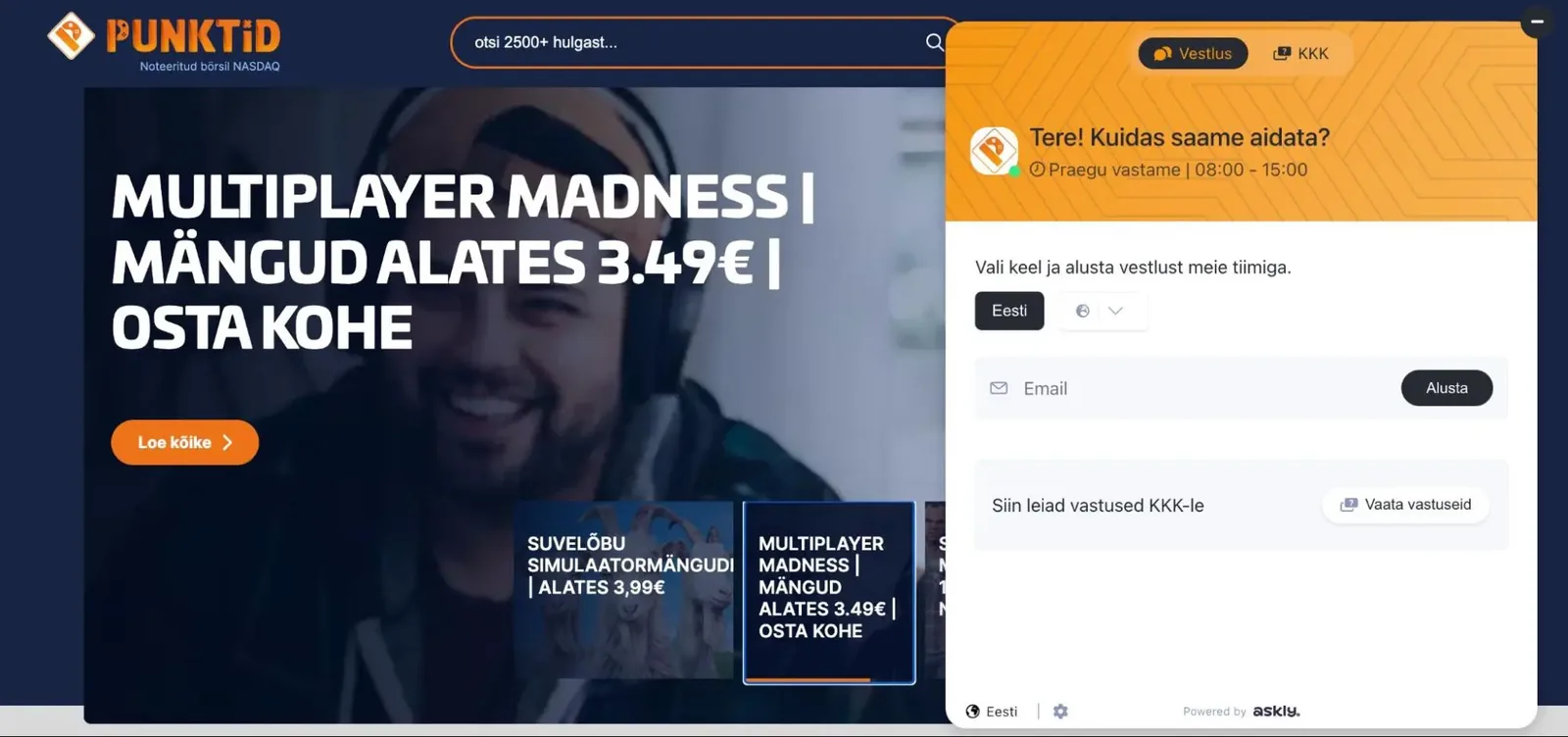 Punktid’s online game store with the Askly chat window open, greeting visitors in Estonian and offering a language choice