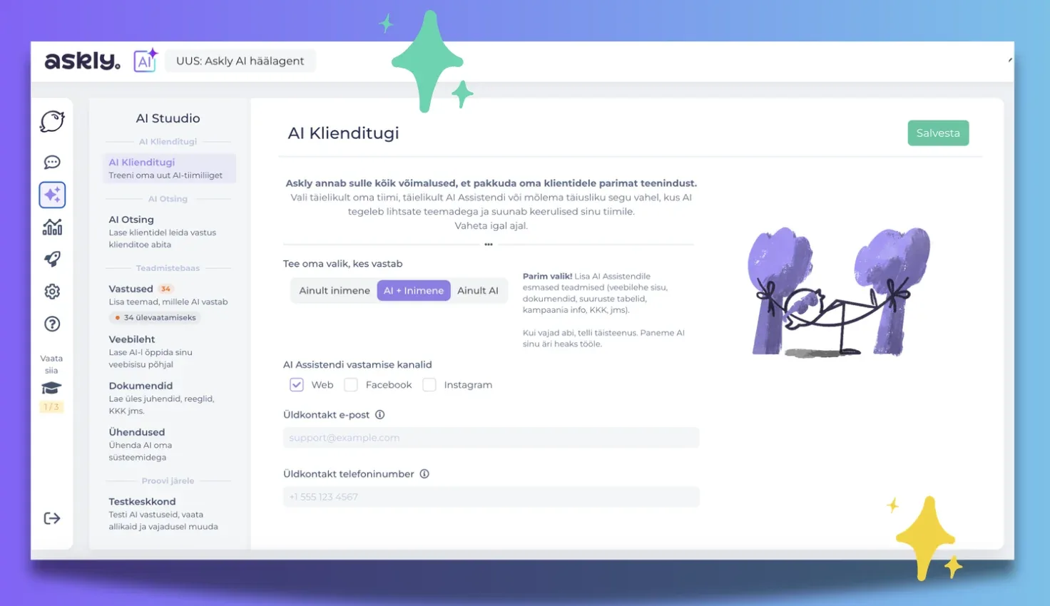 Askly’s dashboard in Estonian, showing the AI support settings: human only, AI plus human or AI only, and the channels the AI answers on