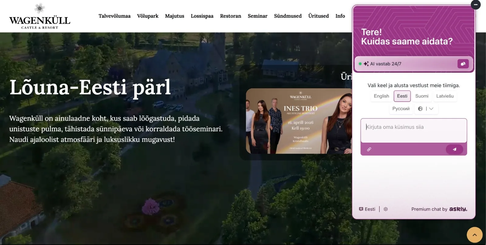 The Askly chat on Wagenküll Castle & Resort’s website