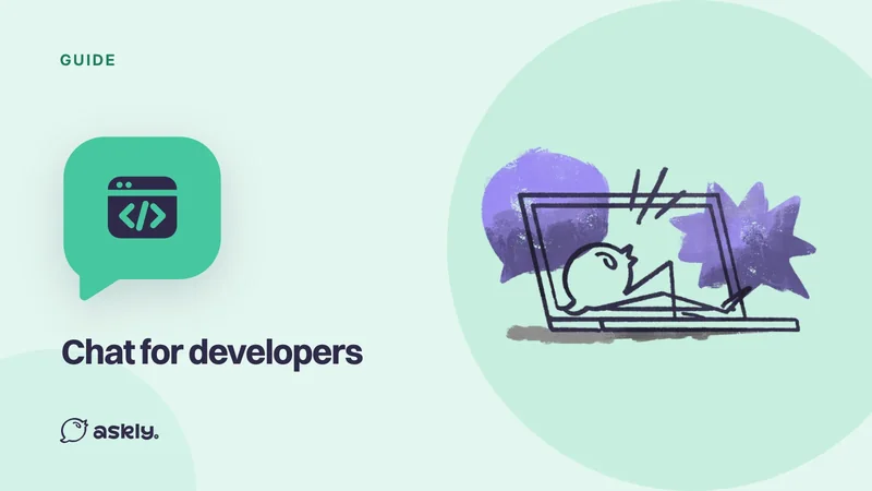 Guide: Chat for developers, a code icon in a speech bubble and the Askly bird jumping out of a laptop