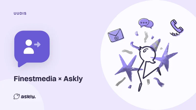 Uudis: Finestmedia × Askly, üleandmise ikoon jutumullis ja Askly lind, kes rõõmustab e-kirja, chati ja telefoni ikoonide keskel