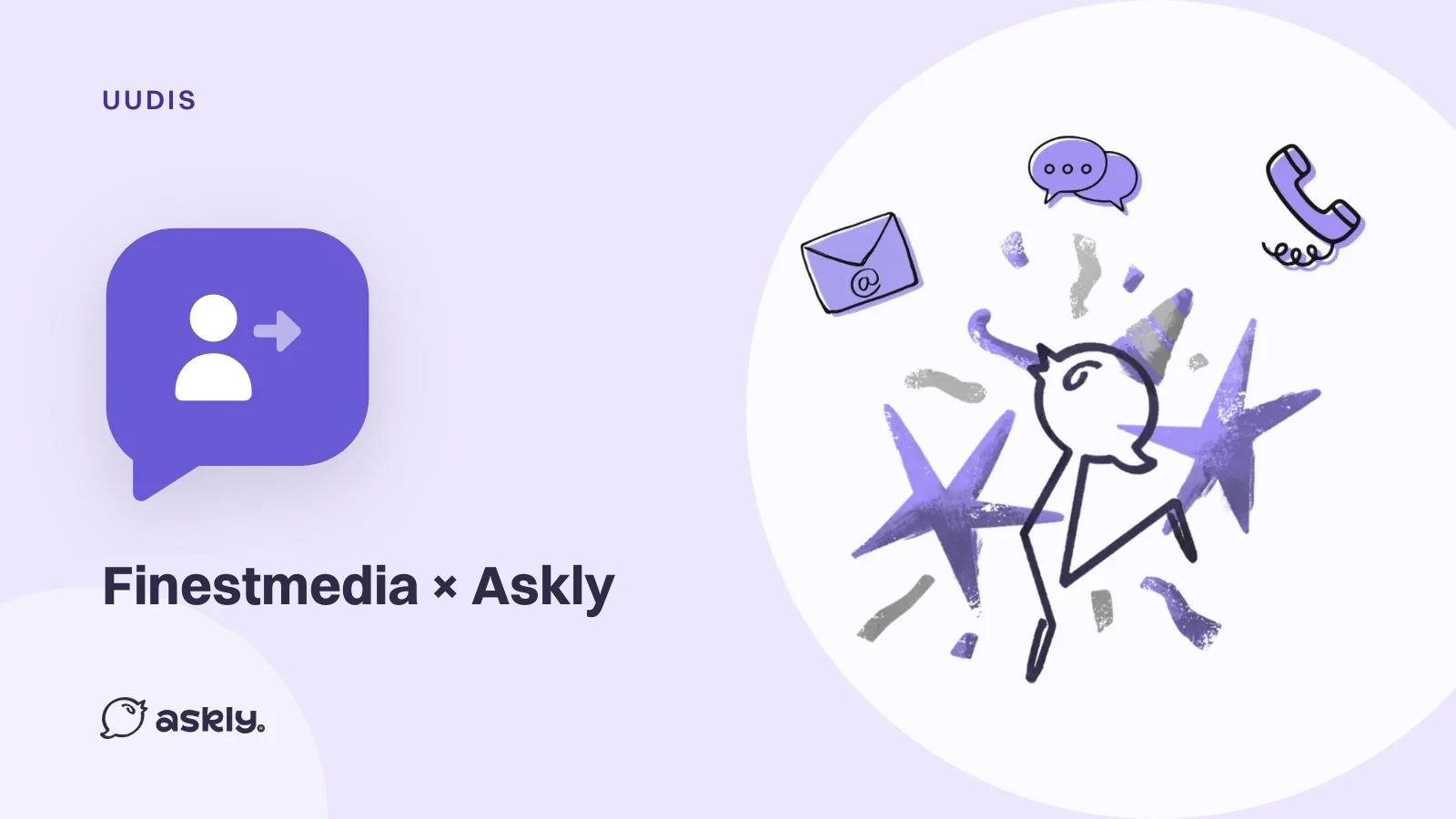 Uudis: Finestmedia × Askly, üleandmise ikoon jutumullis ja Askly lind, kes rõõmustab e-kirja, chati ja telefoni ikoonide keskel