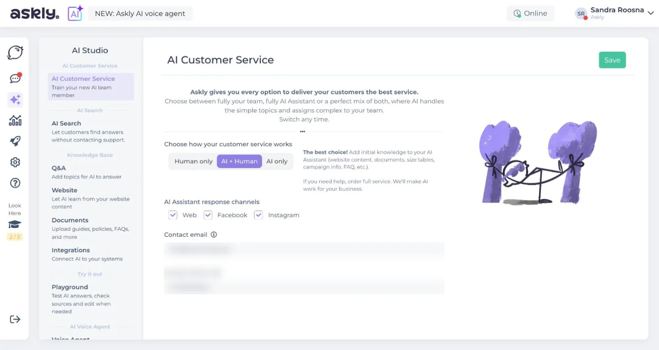 Askly AI Studio, AI Customer Service: Human only, AI + Human and AI only modes, AI Assistant response channels, contact email and phone