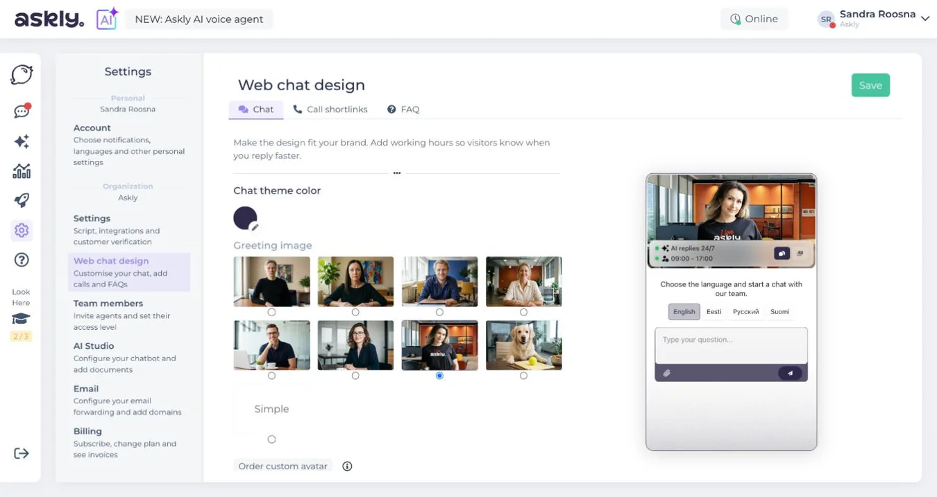 Askly Web chat design, Chat tab: Chat theme color, Greeting image gallery and chat window preview