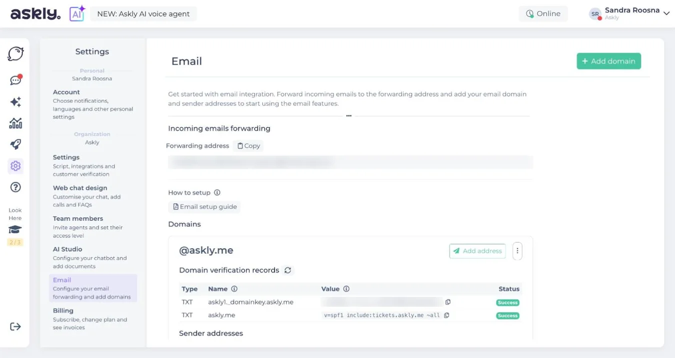 Askly Email: Incoming emails forwarding with the forwarding address and Copy button, Email setup guide and Domains with + Add domain