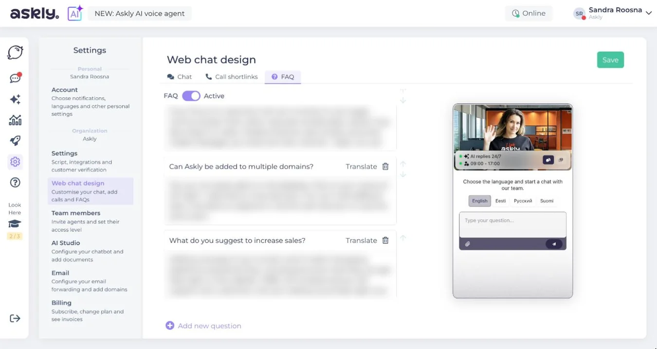 Askly Web chat design, FAQ tab: FAQ Active switched on, language selection, questions, the Translate and Add new question buttons