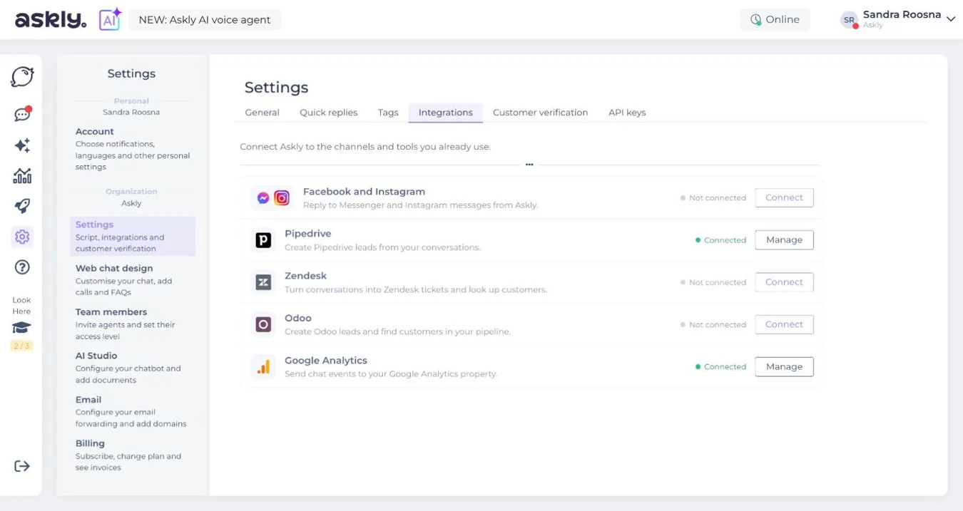 Askly Settings, Integrations tab: Facebook and Instagram with the Connect button