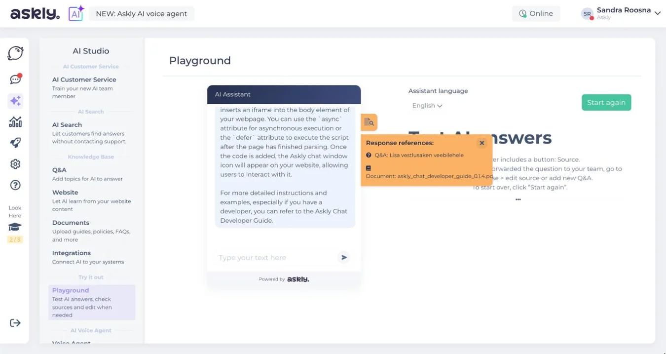 Askly Playground: an English AI answer about adding Askly to a website and the orange Response references box listing the pages the AI used