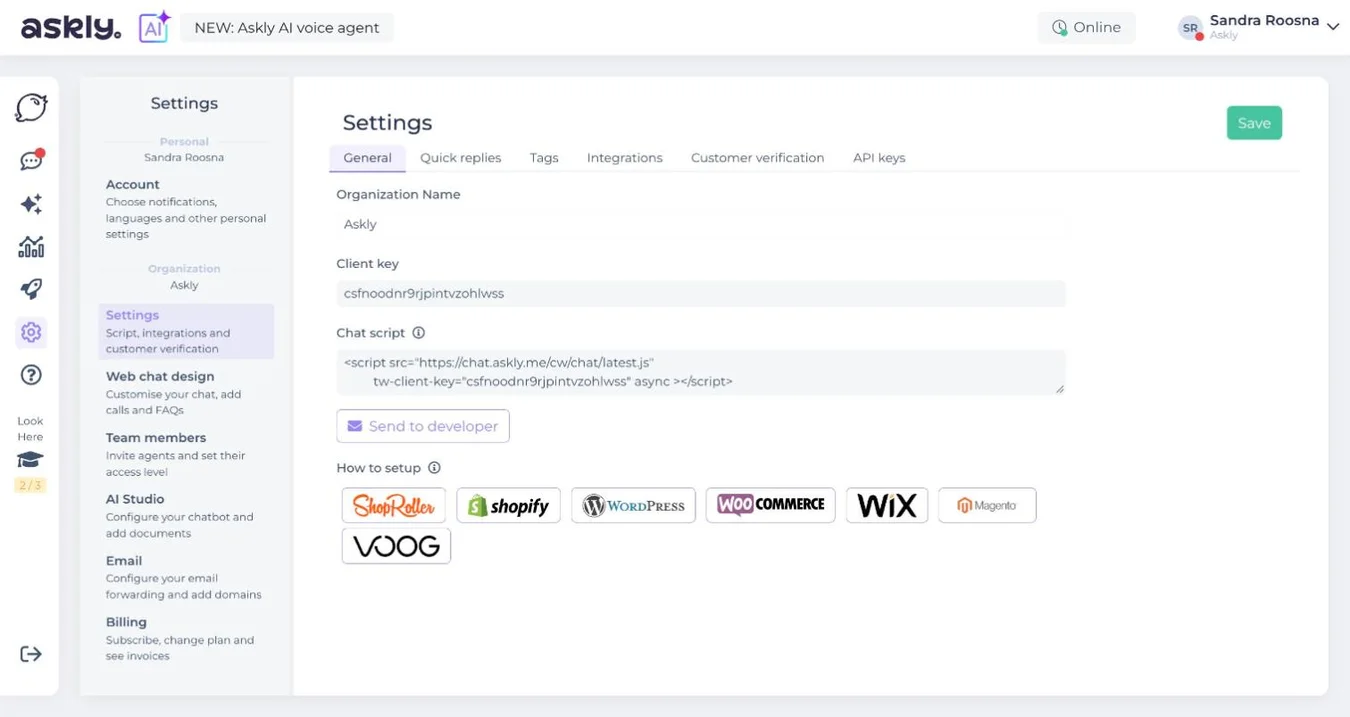 Askly Settings, General tab: Organization Name, Client key, Chat script, the Send to developer button and How to setup guides