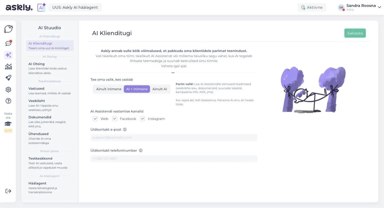 Askly AI Stuudio: vali, kes vastab (ainult inimene, AI + inimene, ainult AI), ja AI vastamise kanalid veeb, Facebook ja Instagram