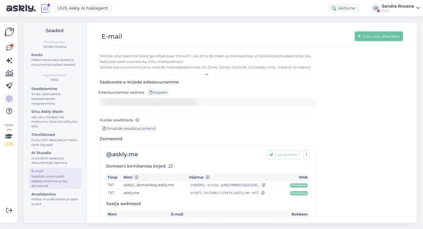 Askly seaded, E-mail: saabuvate e-kirjade edasisuunamise aadress, juhend ja domeeni kinnitamise kirjed