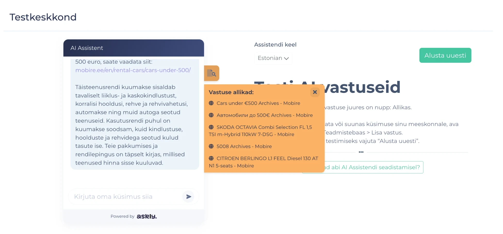 Askly testkeskkond: AI vastus ja oranž aken „Vastuse allikad“ lehtedega, mille põhjal AI vastuse koostas