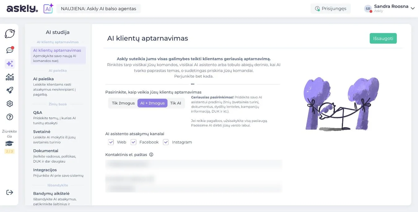 Askly AI studija: pasirinkimas, kas atsako (Tik žmogus, AI + žmogus, Tik AI), ir DI kanalai svetainė, Facebook ir Instagram