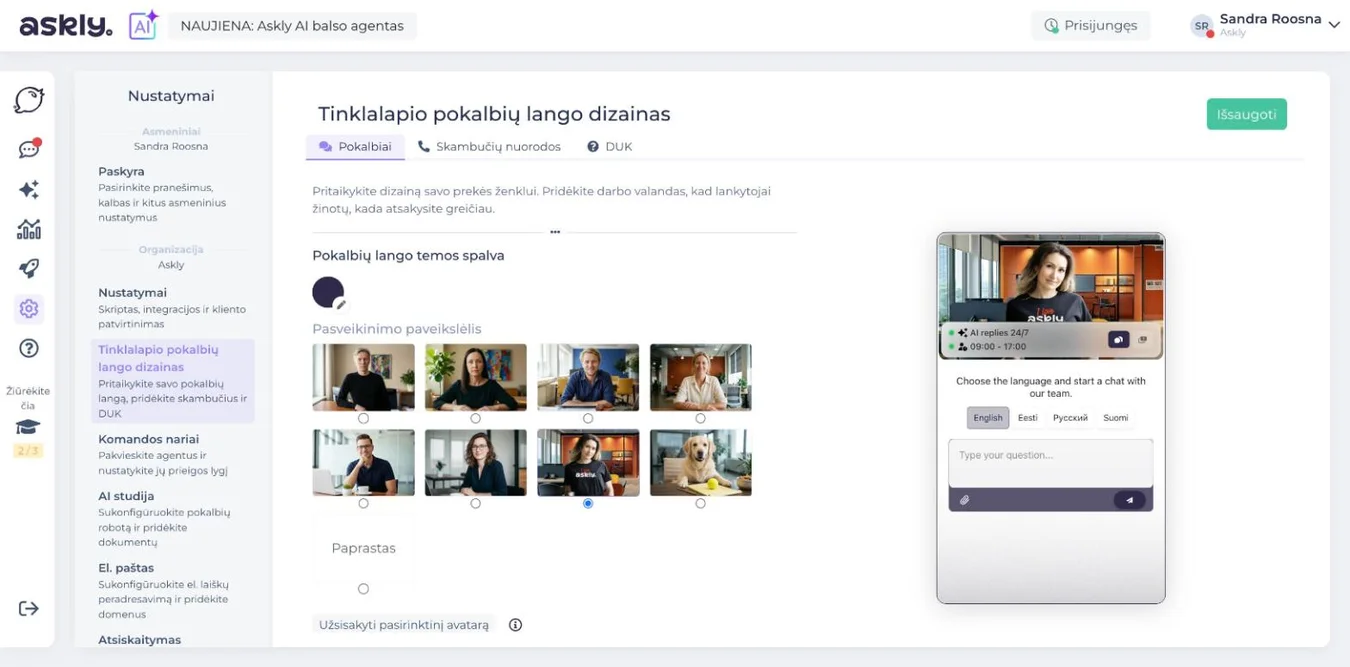 Askly tinklalapio pokalbių lango dizainas: temos spalva, pasveikinimo paveikslėlis ir pokalbių lango peržiūra