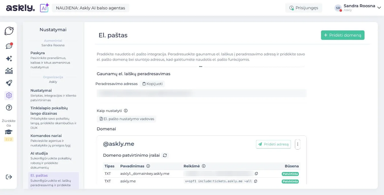 Askly nustatymai, El. paštas: gaunamų laiškų peradresavimo adresas, nustatymo vadovas ir domeno patvirtinimo įrašai