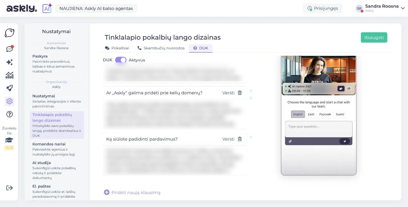 Askly DUK nustatymai: įjungtas DUK, kalbos pasirinkimas ir klausimai su mygtuku „Versti“