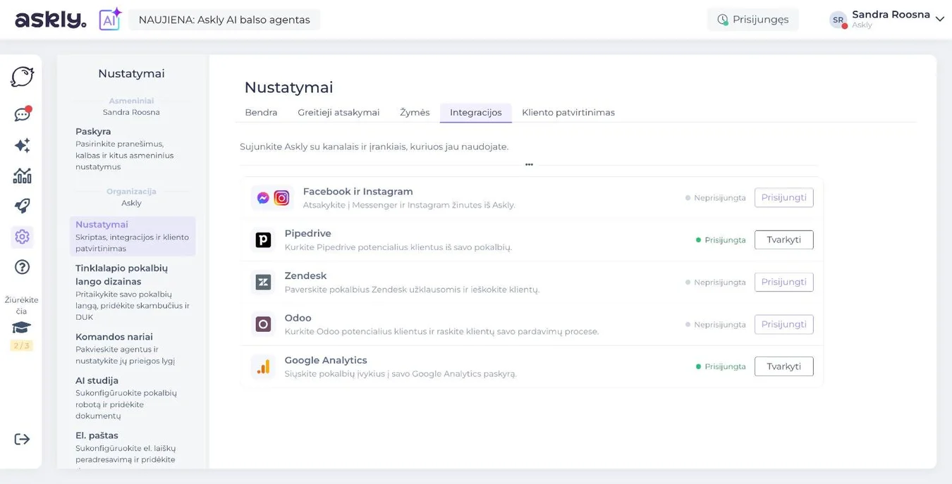 Askly nustatymai, Integracijos: Facebook ir Instagram su mygtuku „Prisijungti“