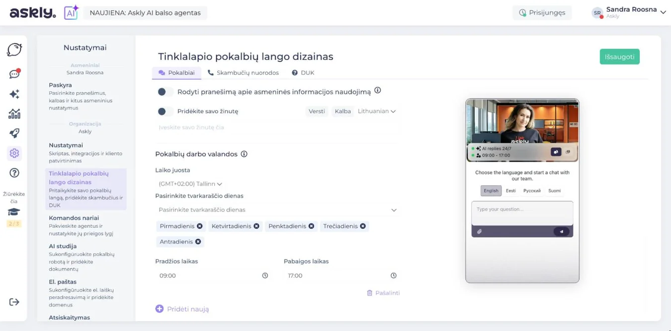 Askly pokalbių darbo valandos: laiko juosta, darbo dienos nuo pirmadienio iki penktadienio, pradžia 9.00 ir pabaiga 17.00