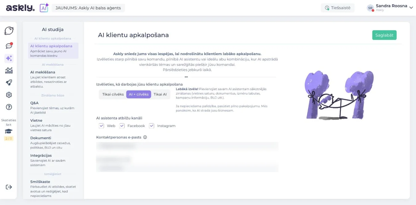 Askly AI studija: izvēle, kas atbild (Tikai cilvēks, AI + cilvēks, Tikai AI), un AI kanāli – vietne, Facebook un Instagram