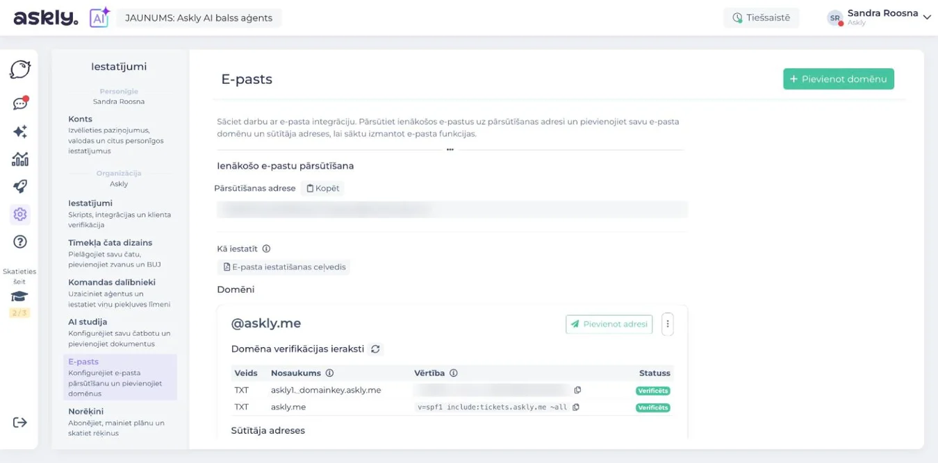Askly e-pasta iestatījumi: ienākošo e-pastu pārsūtīšanas adrese, iestatīšanas ceļvedis un domēna verifikācijas ieraksti