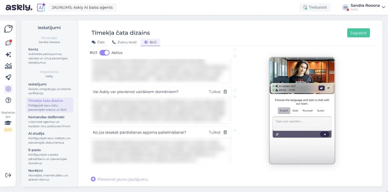 Askly BUJ iestatījumi: ieslēgts „BUJ Aktīvs”, valodas izvēle un jautājumi ar pogu „Tulkot”