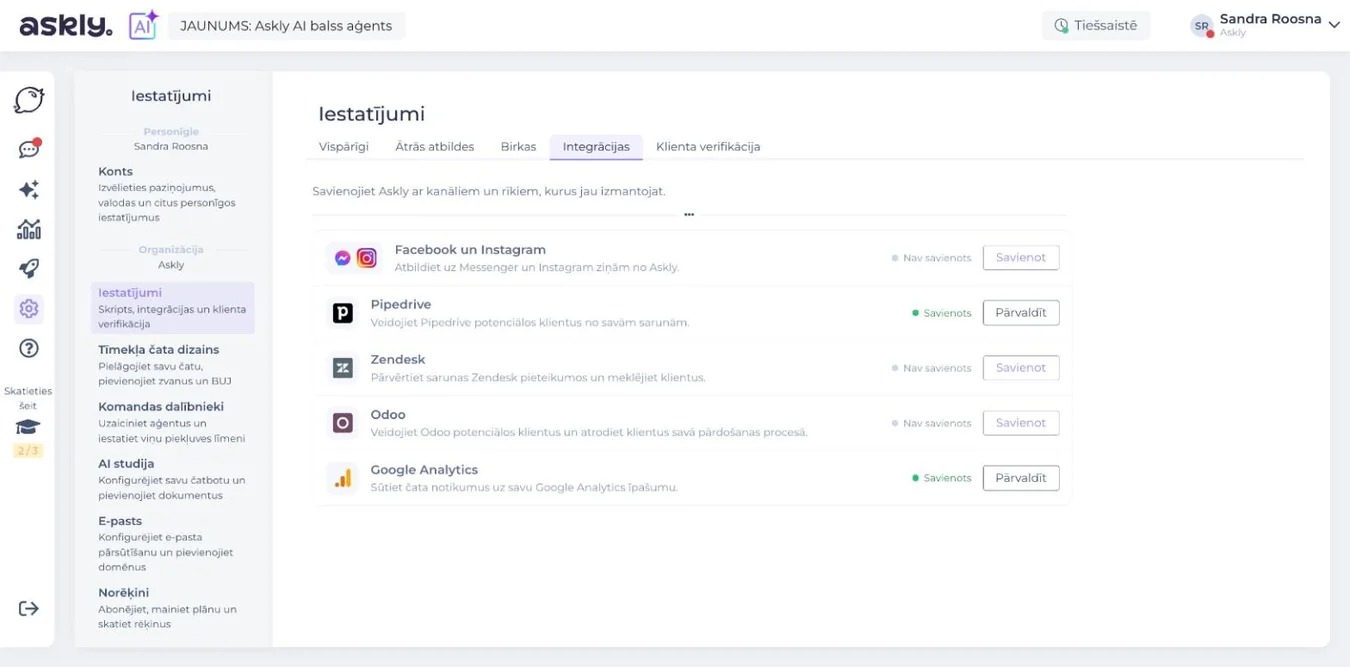 Askly iestatījumi, cilne Integrācijas: „Facebook un Instagram” ar pogu „Savienot”