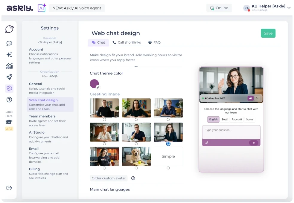 The Askly dashboard, where you set up the chat: languages, colours and the greeting picture