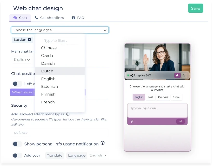 Web chat design settings in the Askly dashboard: a language list, chat position and a live preview of the chat window